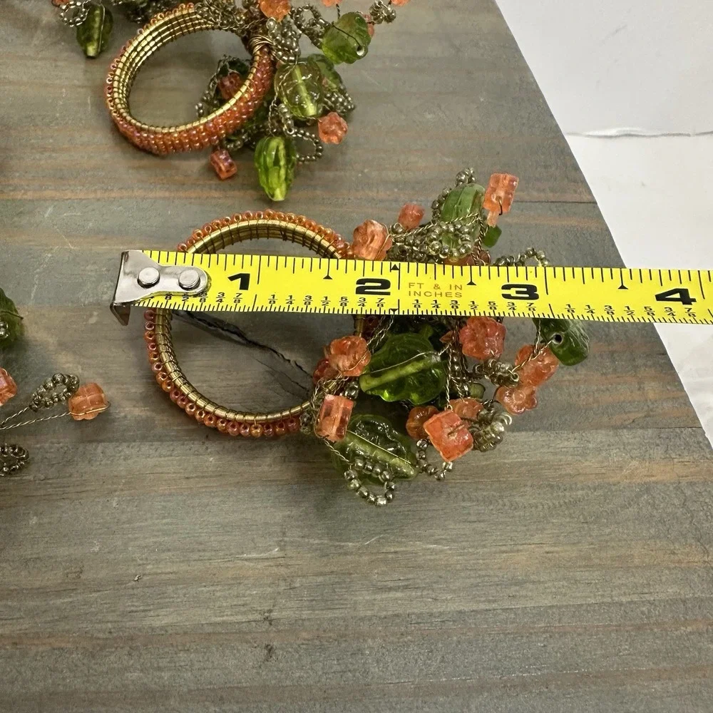 Lot of 8 Beaded Napkin Rings Peach Flowers Green Leaves Flower Spray